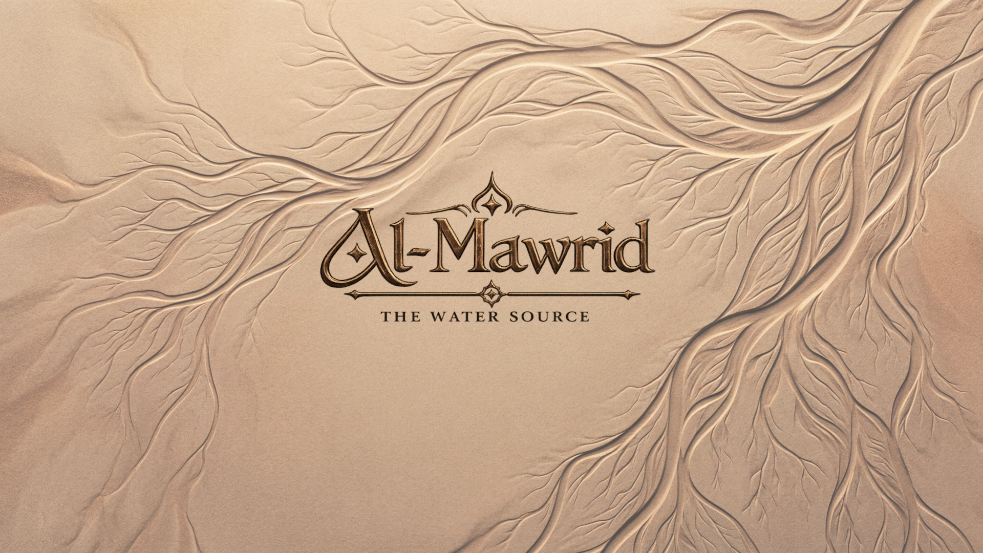 Al-Mawrid title page with carved desert patterns and project branding, introducing a cinematic environment design presentation about a remote water source, desert survival and a fortress civilization shaped by geography. Environment concept art and environment design by Kenneth Bonde.