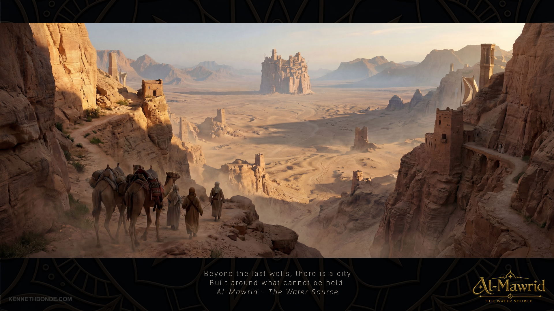A desert valley approach to Al-Mawrid, with riders and pack animals moving toward a distant fortress carved into rock, establishing scale, pilgrimage, scarcity and cinematic environmental storytelling. Environment concept art and environment design by Kenneth Bonde.
