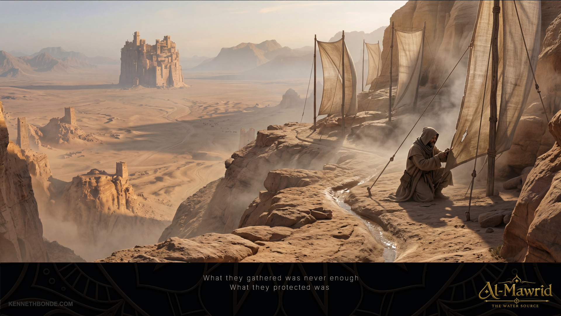 A camp and caravan viewpoint overlooking the distant Al-Mawrid fortress across a sunlit desert basin, showing travelers, fabric shelters, arid terrain and the promise of water beyond the last known well. Environment concept art and environment design by Kenneth Bonde.