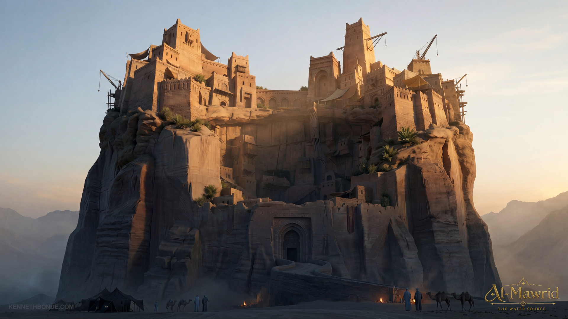 The Al-Mawrid fortress rising from a massive eroded rock formation, with sandstone buildings integrated into the cliff.