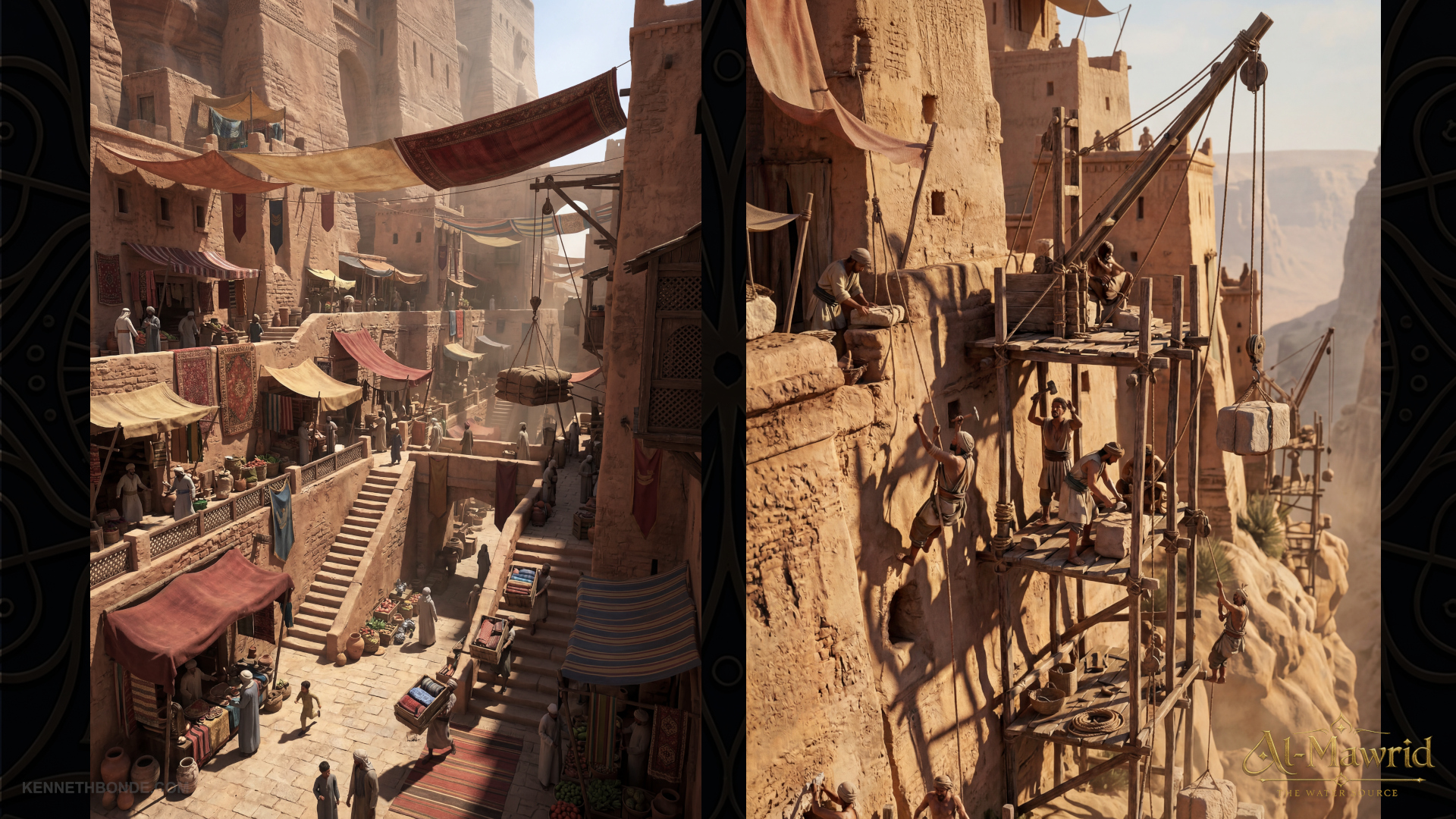 Workers and scaffolding inside Al-Mawrid, showing vertical architecture and daily maintenance.
