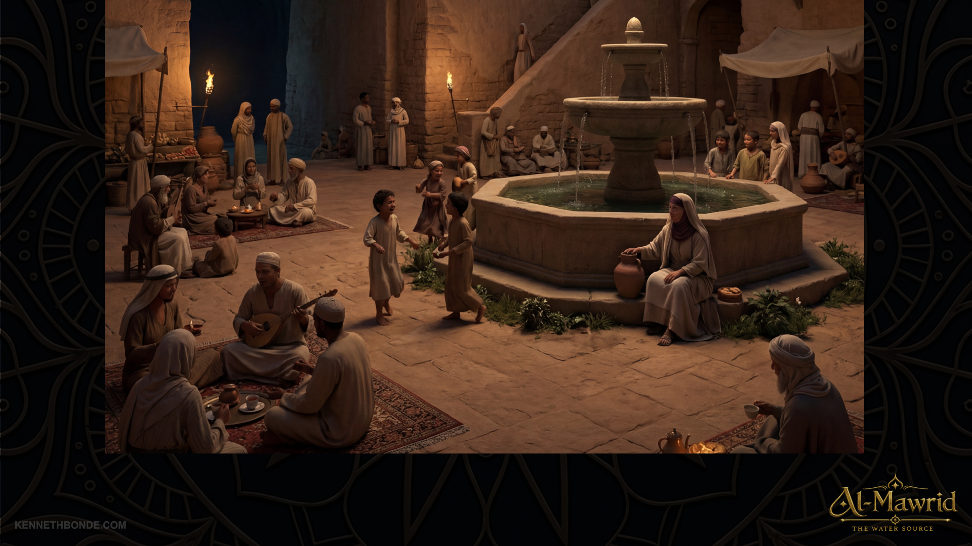 Underground cistern chamber in Al-Mawrid with people gathered around water in warm lantern light.