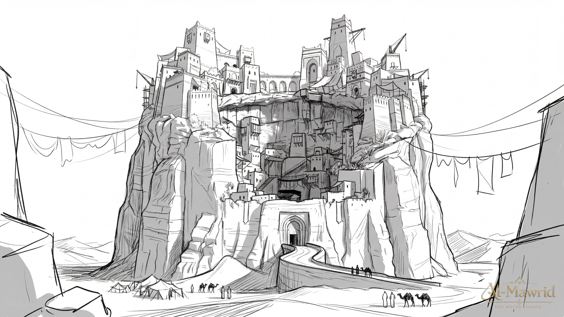 Line drawing of the Al-Mawrid fortress built into a natural rock formation, exploring silhouette, scale, scaffolding, bridges and architectural integration between settlement and eroded desert geology. Environment concept art and environment design by Kenneth Bonde.