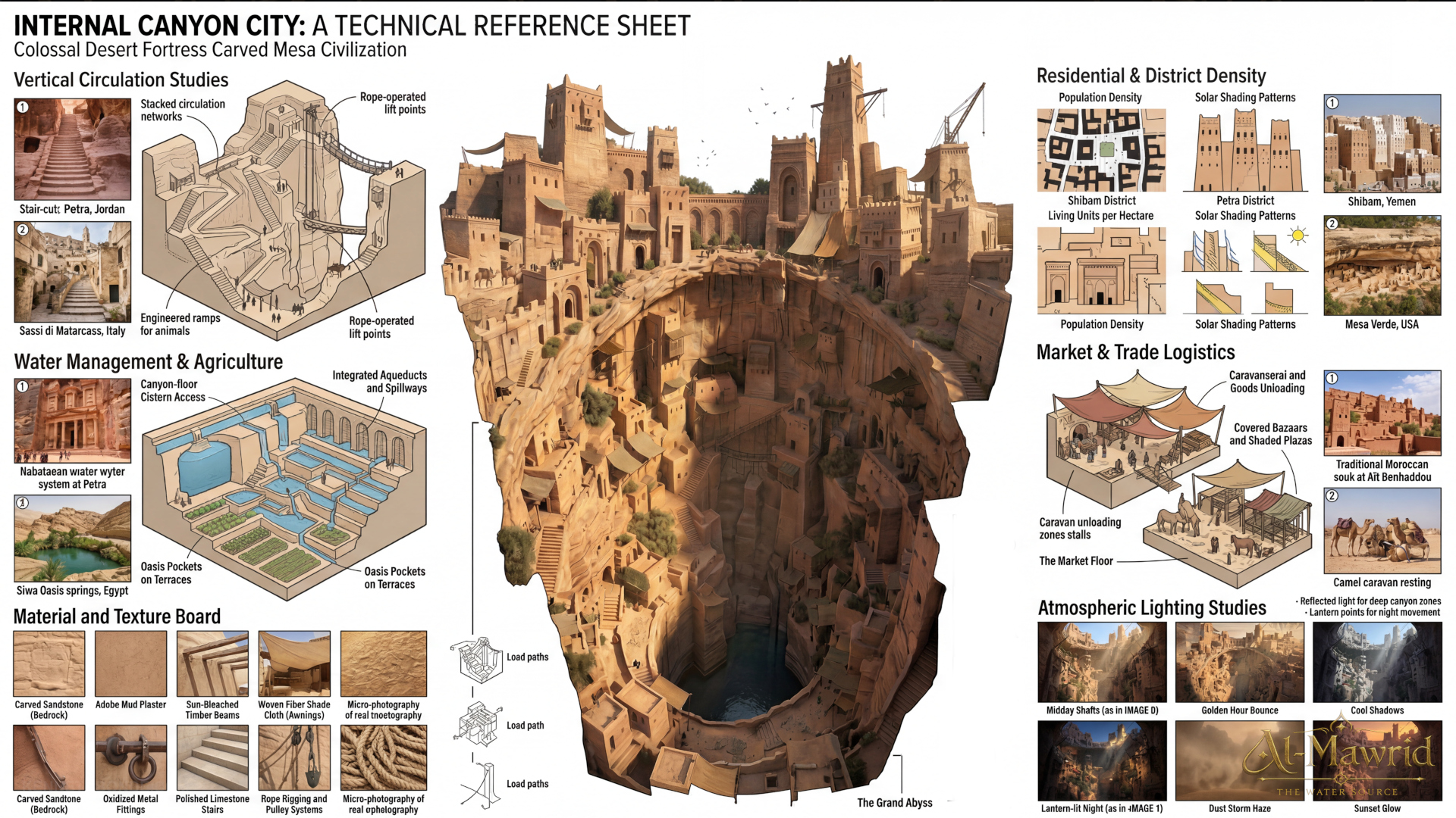 Research and reference board for Al-Mawrid showing canyon settlements, fortress architecture, material studies, desert dwellings and visual development references used to ground the fantasy world in believable design logic. Environment concept art and environment design by Kenneth Bonde.