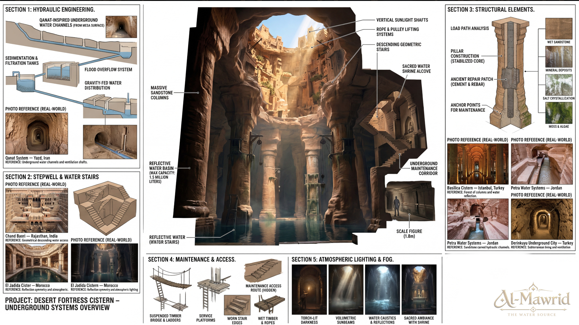 Research board for Al-Mawrid focused on interiors, cisterns, stone chambers, fabrics, lighting and architectural atmosphere, supporting the design of sacred water spaces beneath the desert fortress. Environment concept art and environment design by Kenneth Bonde.