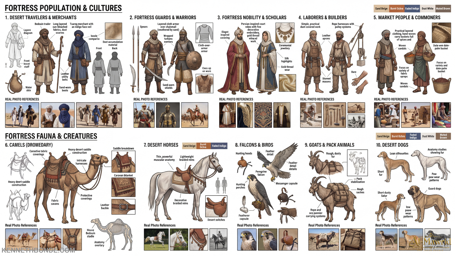 Population and culture reference board for Al-Mawrid showing inhabitants, animals, tools, travel gear and costume logic, building the social and practical systems of the desert fortress world. Environment concept art and environment design by Kenneth Bonde.