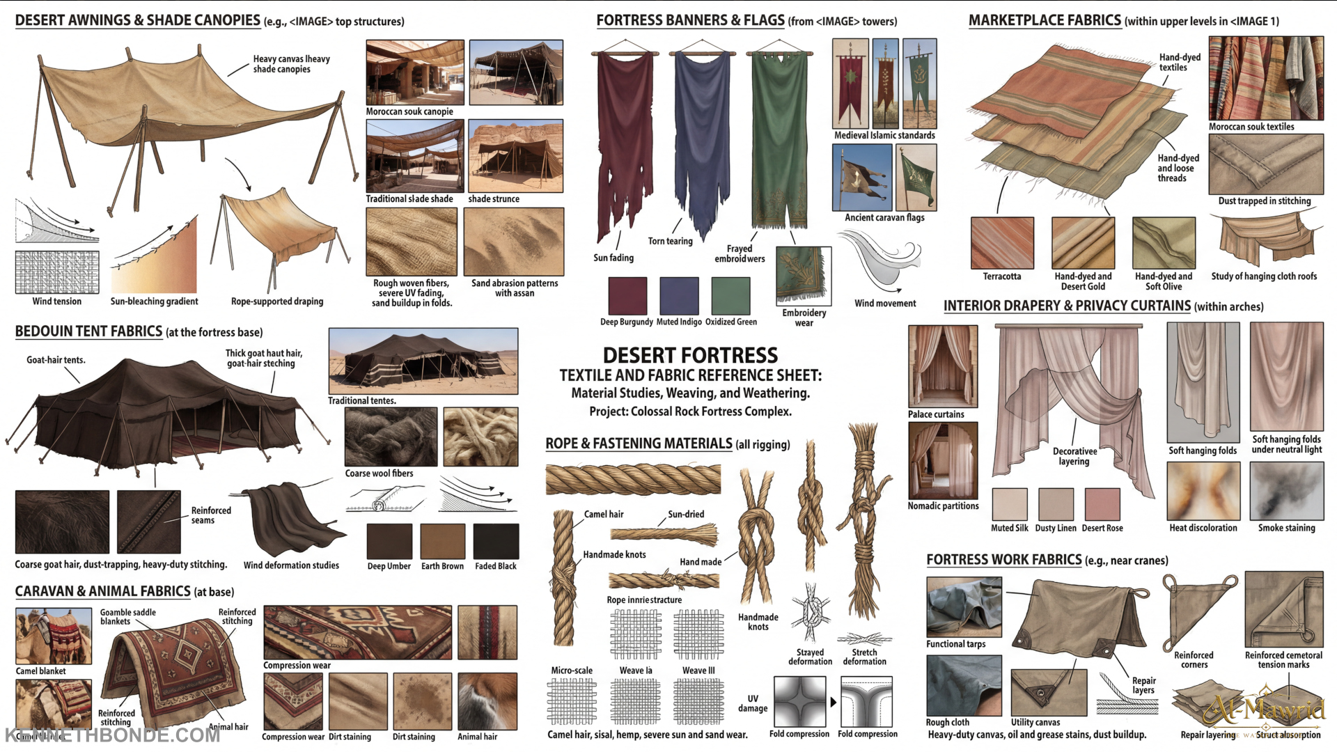 Material and design reference board for Al-Mawrid with tents, textiles, wooden structures, scaffolding, windows and architectural details that connect daily life to the harsh desert environment. Environment concept art and environment design by Kenneth Bonde.