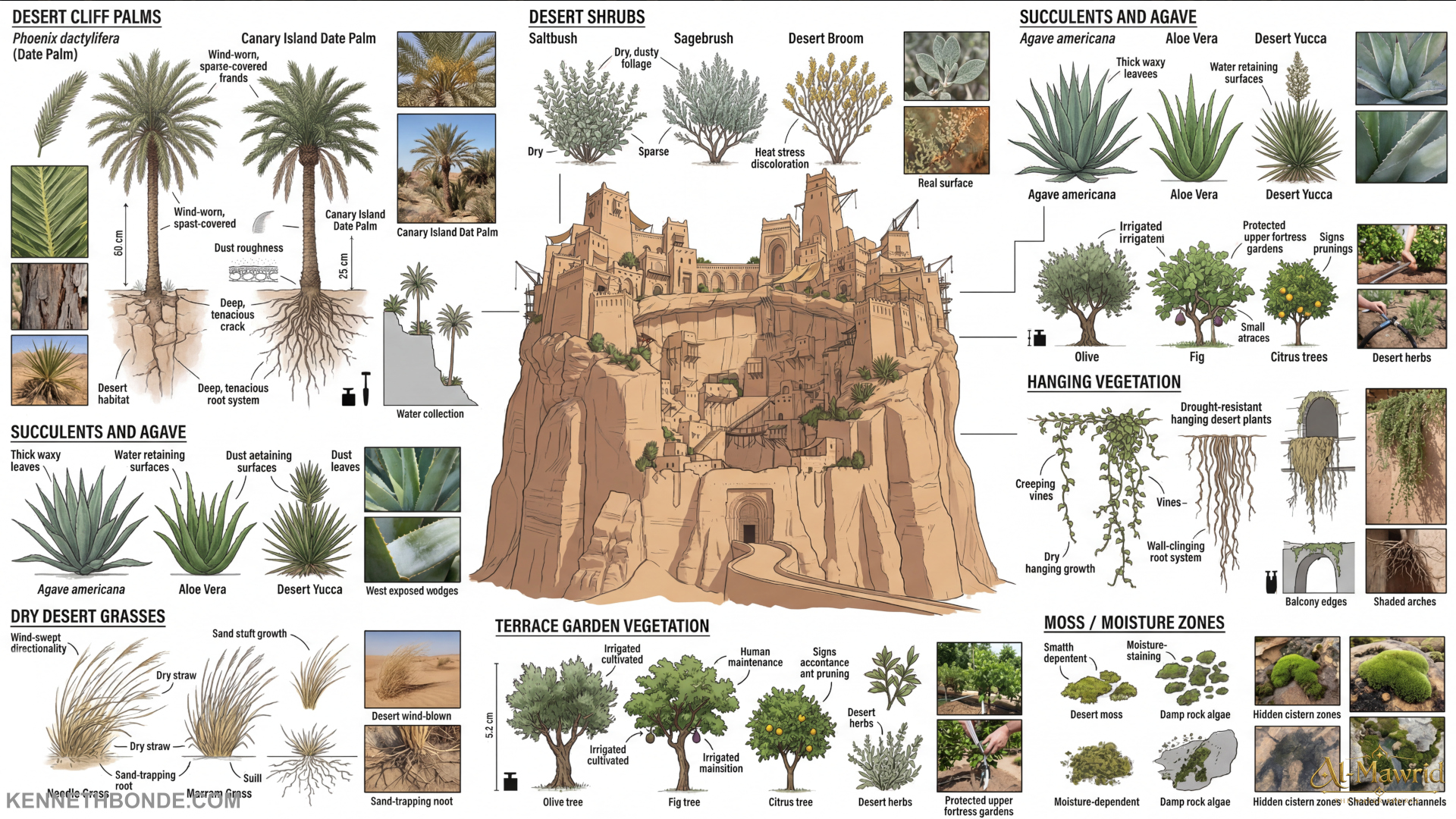 Botanical and environmental reference board for Al-Mawrid showing palm trees, oasis plants, water-related vegetation and fortress courtyard details that support the survival logic of a desert civilization. Environment concept art and environment design by Kenneth Bonde.
