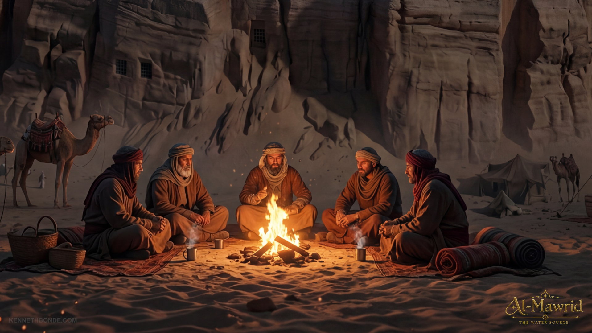 A Bedouin campfire scene at night beneath rock formations, with travelers gathered around flame and shadow, adding human warmth, nomadic culture and quiet storytelling to the desert world. Environment concept art and environment design by Kenneth Bonde.