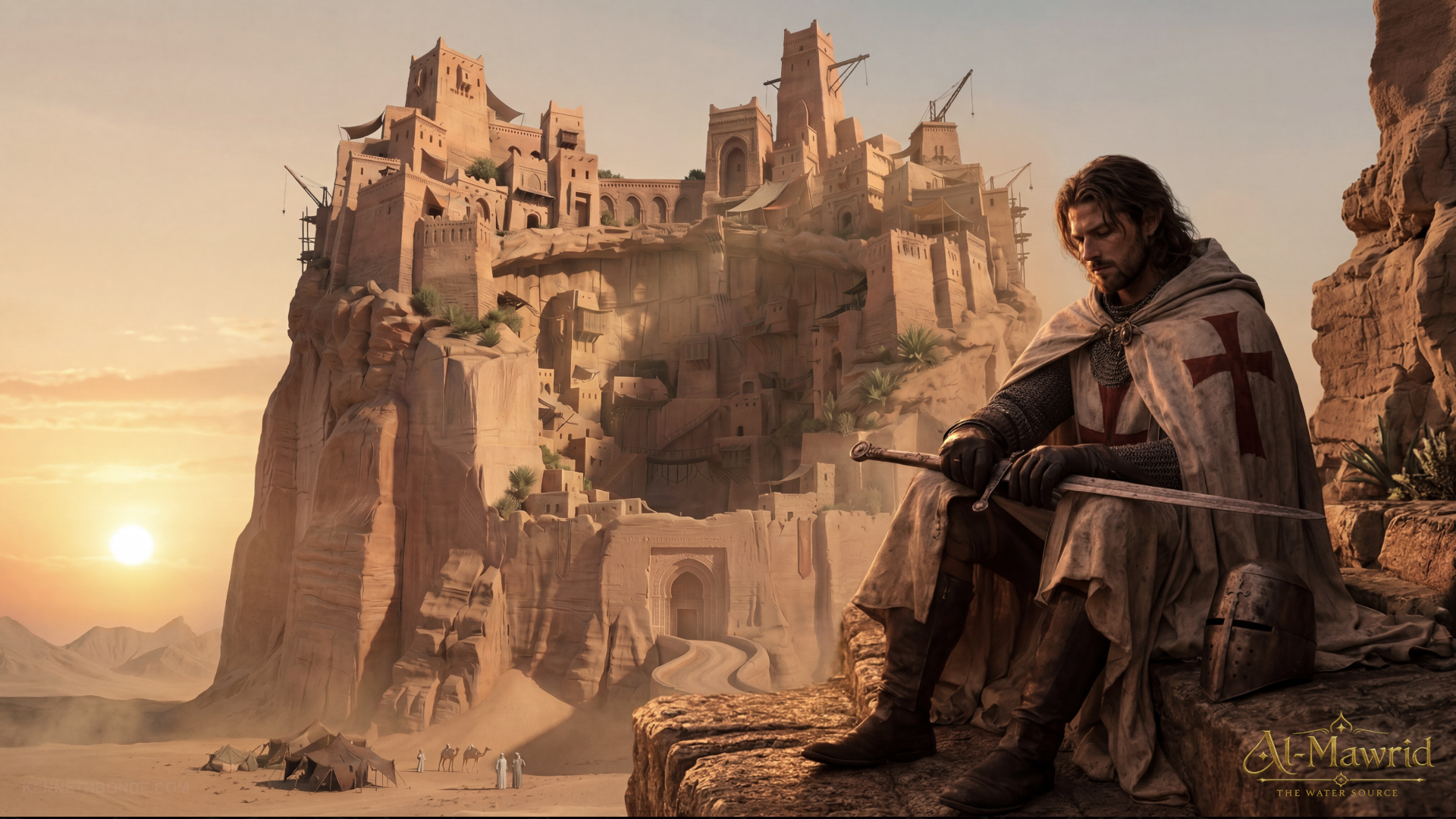 A seated figure overlooking the Al-Mawrid fortress at sunset, with birds, sandstone architecture and desert light creating a reflective cinematic moment of power, solitude and environment design scale. Environment concept art and environment design by Kenneth Bonde.