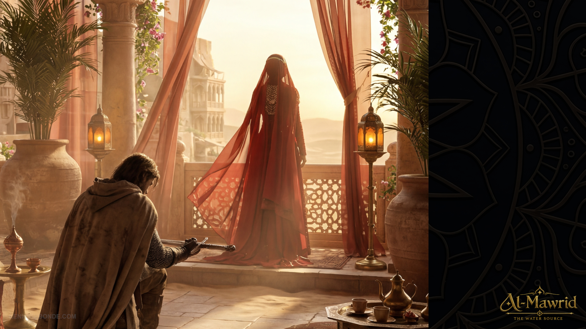 A richly lit interior scene with a ruler-like figure, textiles, architectural screens and warm sunlight, suggesting political ritual, cultural hierarchy and intimate storytelling within the Al-Mawrid fortress. Environment concept art and environment design by Kenneth Bonde.