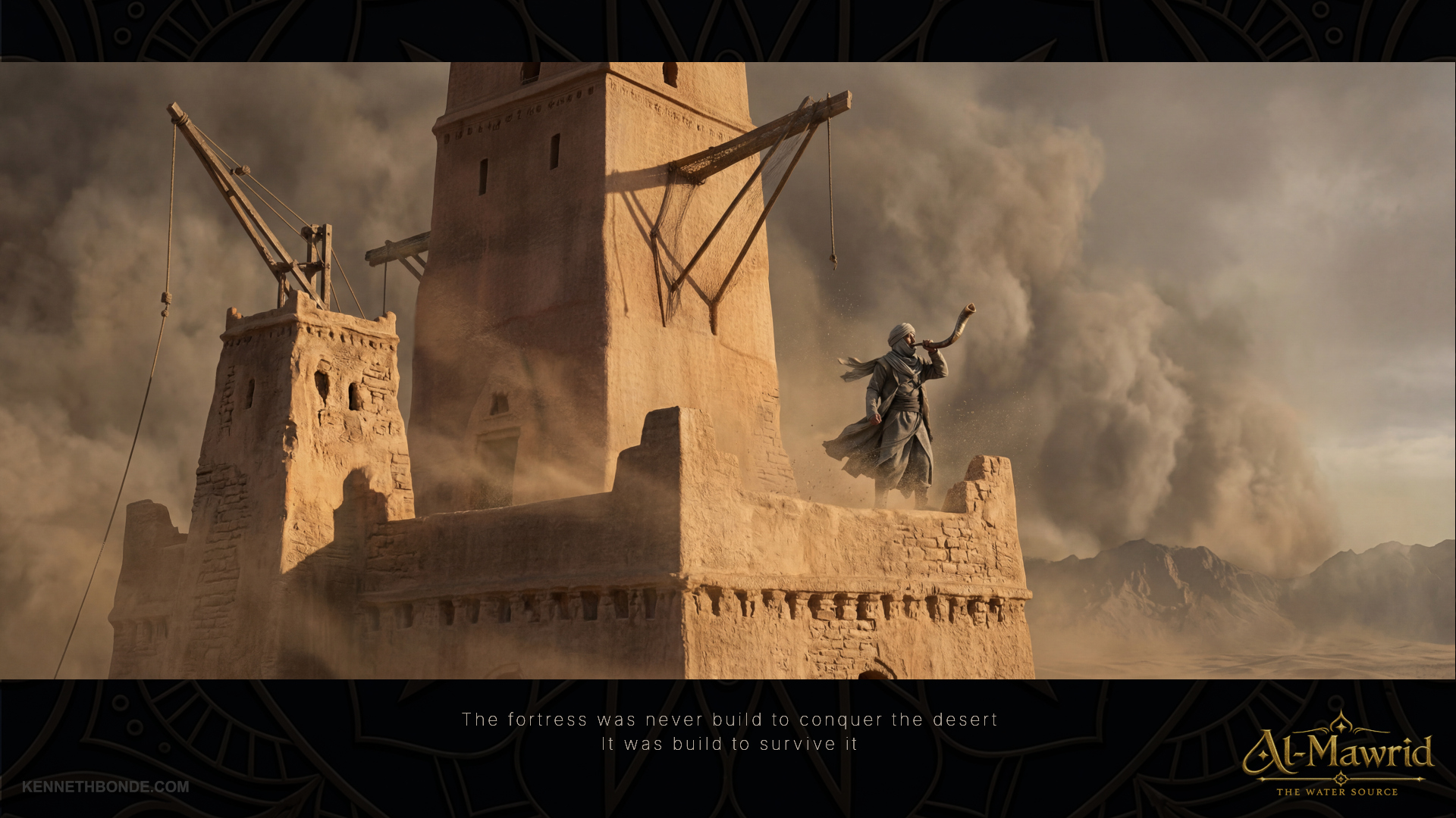 Al-Mawrid alarm scene with a horn tower, smoke and a rider near the fortress wall, suggesting conflict, warning, approaching danger and cinematic narrative tension inside the desert world. Environment concept art and environment design by Kenneth Bonde.