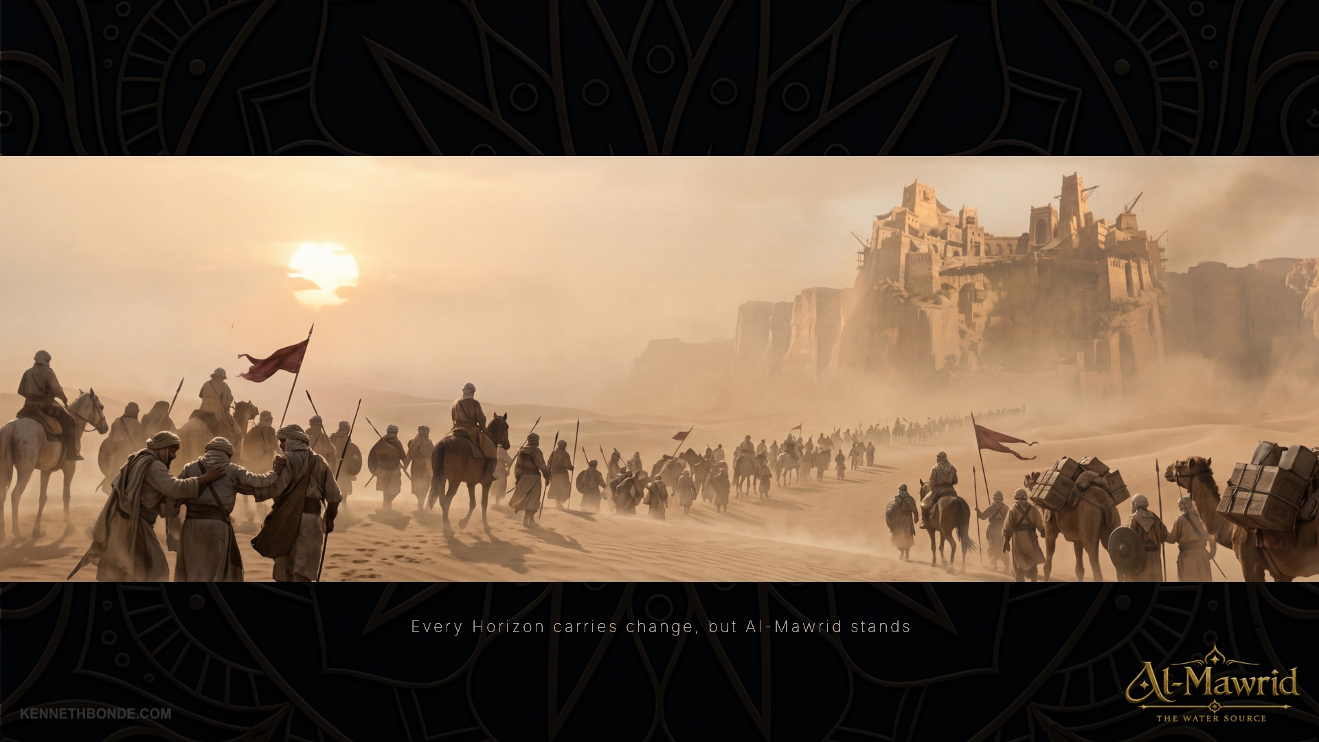 A mounted force approaches Al-Mawrid across the desert at sunset, with riders, dust, birds and the distant fortress creating scale, threat, movement and story potential beyond the settlement. Environment concept art and environment design by Kenneth Bonde.