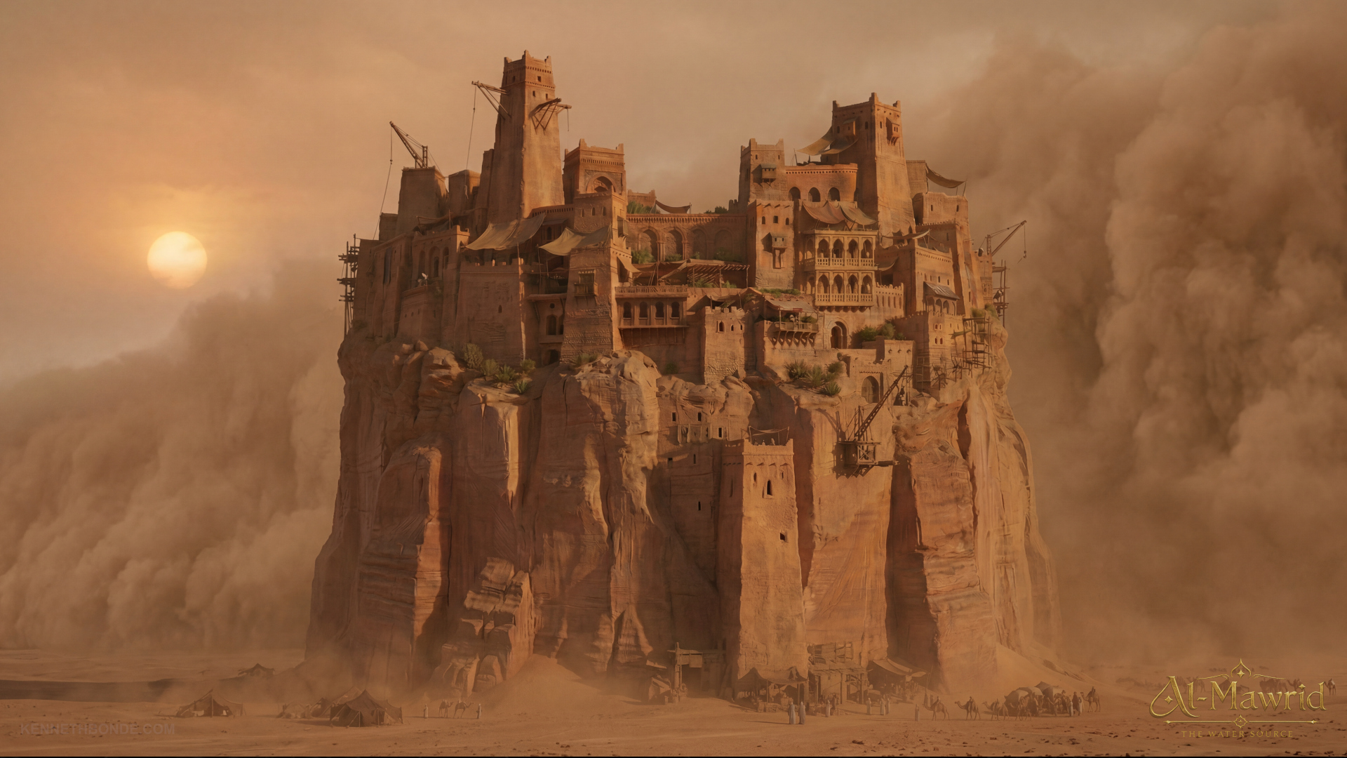 The Al-Mawrid fortress emerging through a dust storm, with sandstone towers, heavy atmosphere and desert haze suggesting uncertainty, isolation, survival and the fragility of civilization in a harsh world. Environment concept art and environment design by Kenneth Bonde.