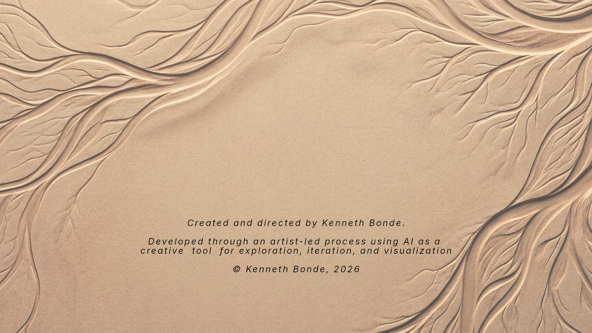 Final closing page for Al-Mawrid with carved desert patterns and reflective project text, ending the environment design presentation with a sense of continuation, memory, survival and unseen future stories. Environment concept art and environment design by Kenneth Bonde.