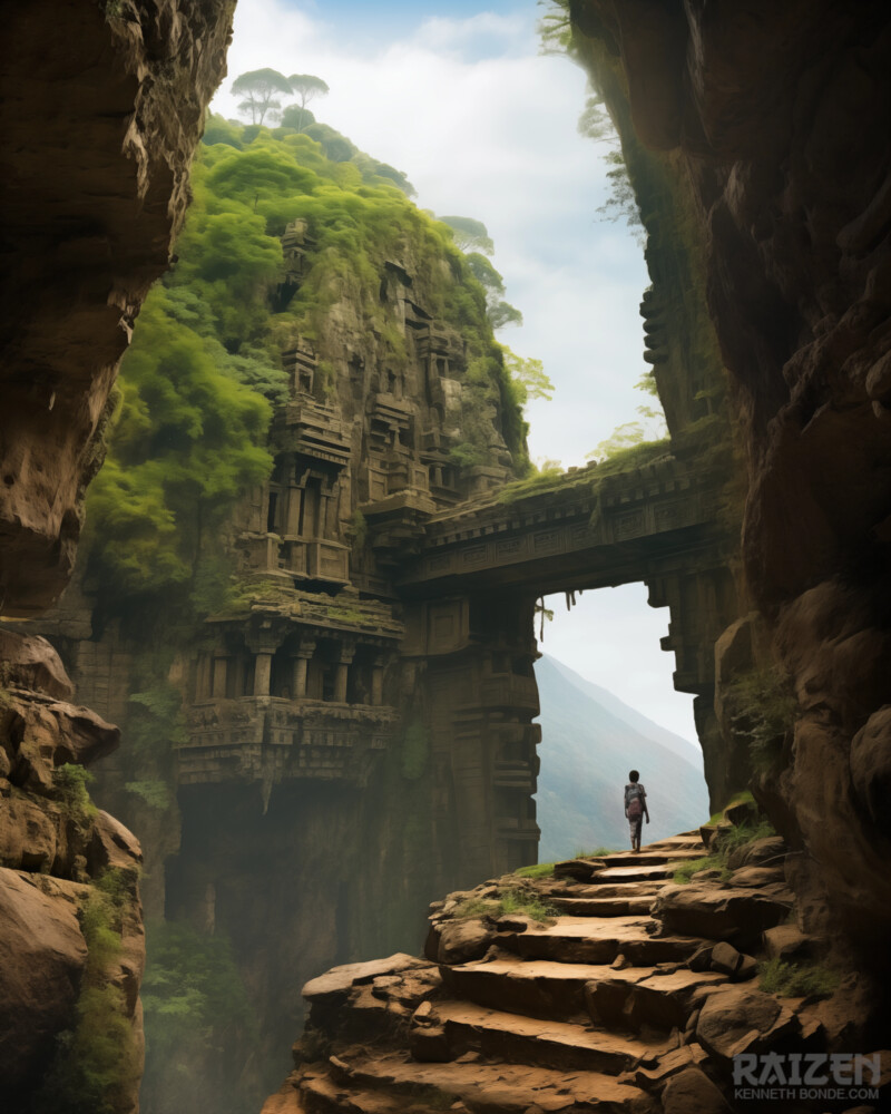 Cinematic temple gorge environment design with a lone figure entering a forgotten cliffside world, worldbuilding and visual development by Kenneth Bonde.
