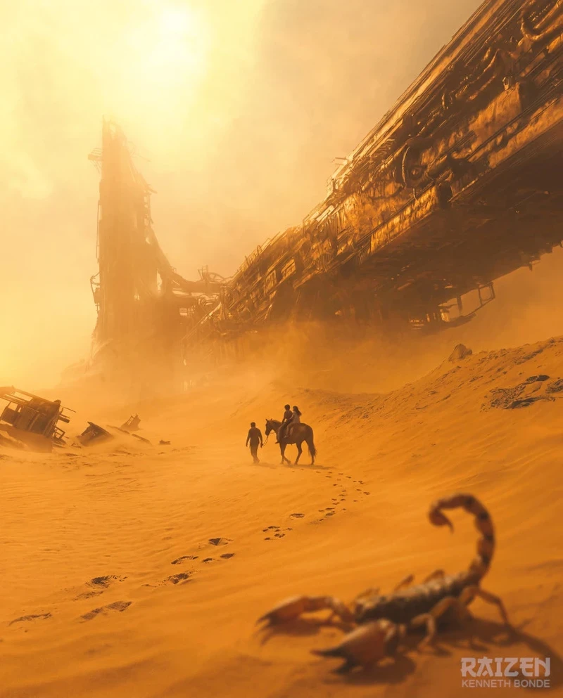 A family crosses a sunlit desert landscape with distant monumental forms and warm haze, creating a cinematic travel image about endurance, distance, atmosphere and story beyond the frame. Environment concept art and environment design by Kenneth Bonde.