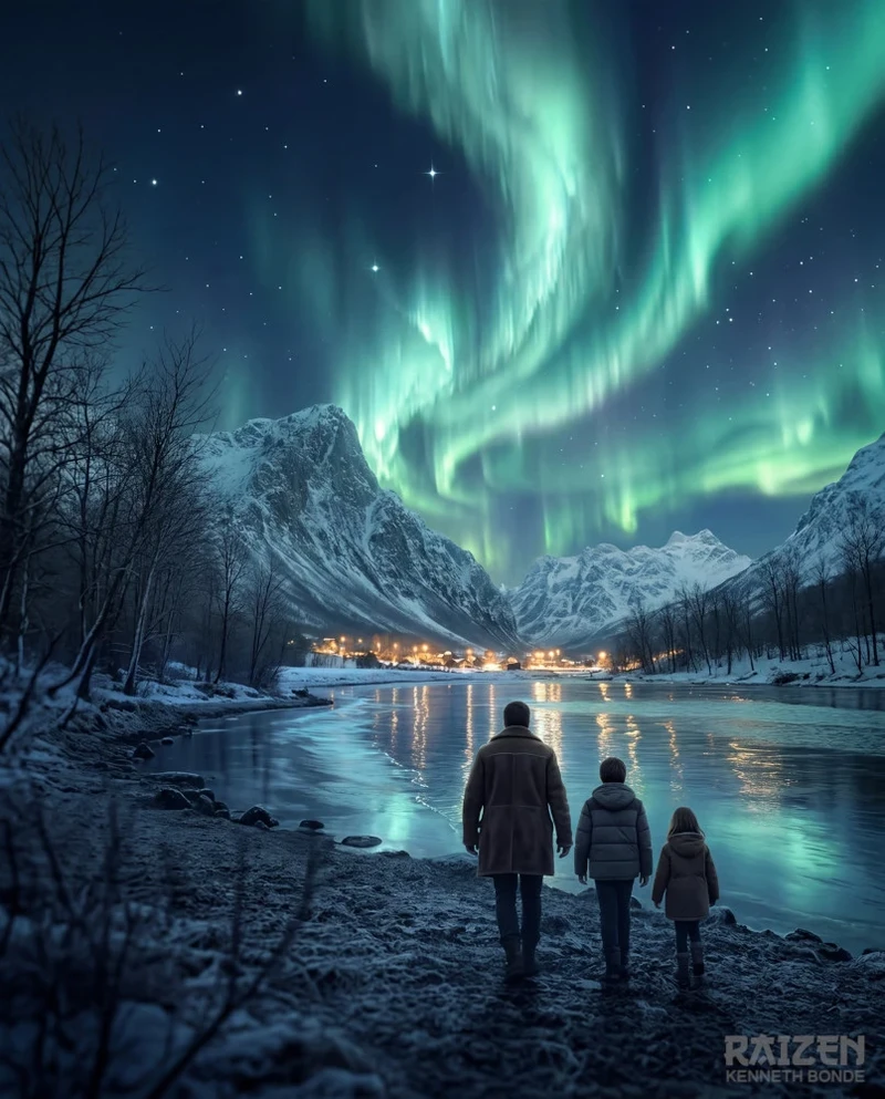 Travelers stand before a luminous frozen lake, mountains and an aurora-like sky, creating a cinematic fantasy landscape about wonder, family, distance, mystery and visual development for a larger journey. Environment concept art and environment design by Kenneth Bonde.