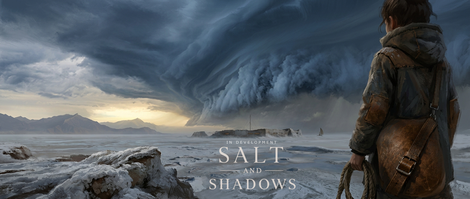 A remote settlement beneath an approaching storm on an endless salt plain in Salt and Shadows.