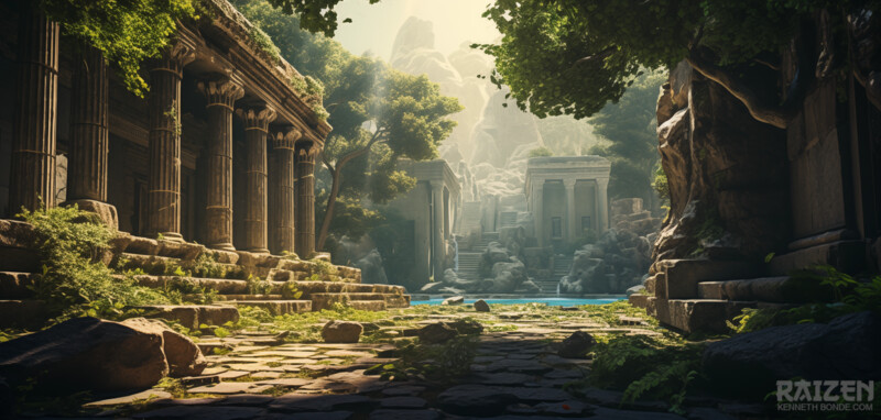 Ancient temple ruins hidden deep in a lush jungle valley, where moss-covered stone, broken columns and soft cinematic light create an atmosphere of exploration, visual development and environmental storytelling. Environment concept art and environment design by Kenneth Bonde.