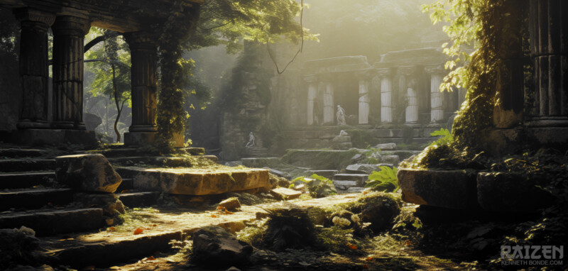 A wide jungle sanctuary with ruined stone structures, vegetation, reflected light and architectural remains suggesting a lost sacred place, natural reclamation and fantasy environment design. Environment concept art and environment design by Kenneth Bonde.