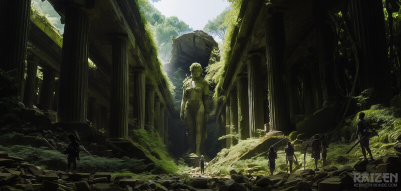 A vertical jungle temple corridor with mossy ruins, carved stone, dense vegetation and a distant sculptural form, designed as a cinematic lost-world environment full of atmosphere and discovery. Environment concept art and environment design by Kenneth Bonde.