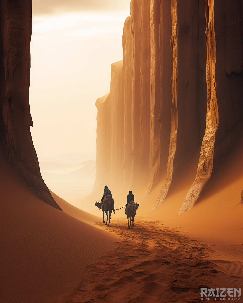 A small group crosses a monumental desert passage between towering cliffs, with orange light and long shadows emphasizing environmental storytelling, survival, distance and the emotional scale of the journey. Environment concept art and environment design by Kenneth Bonde.