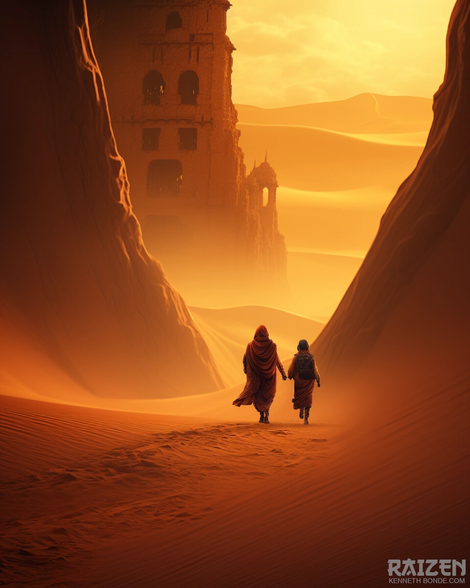 Travelers walk through a narrow desert gateway of eroded stone, framed by warm atmospheric light and vertical cliffs, suggesting pilgrimage, danger, discovery and cinematic fantasy landscape design. Environment concept art and environment design by Kenneth Bonde.