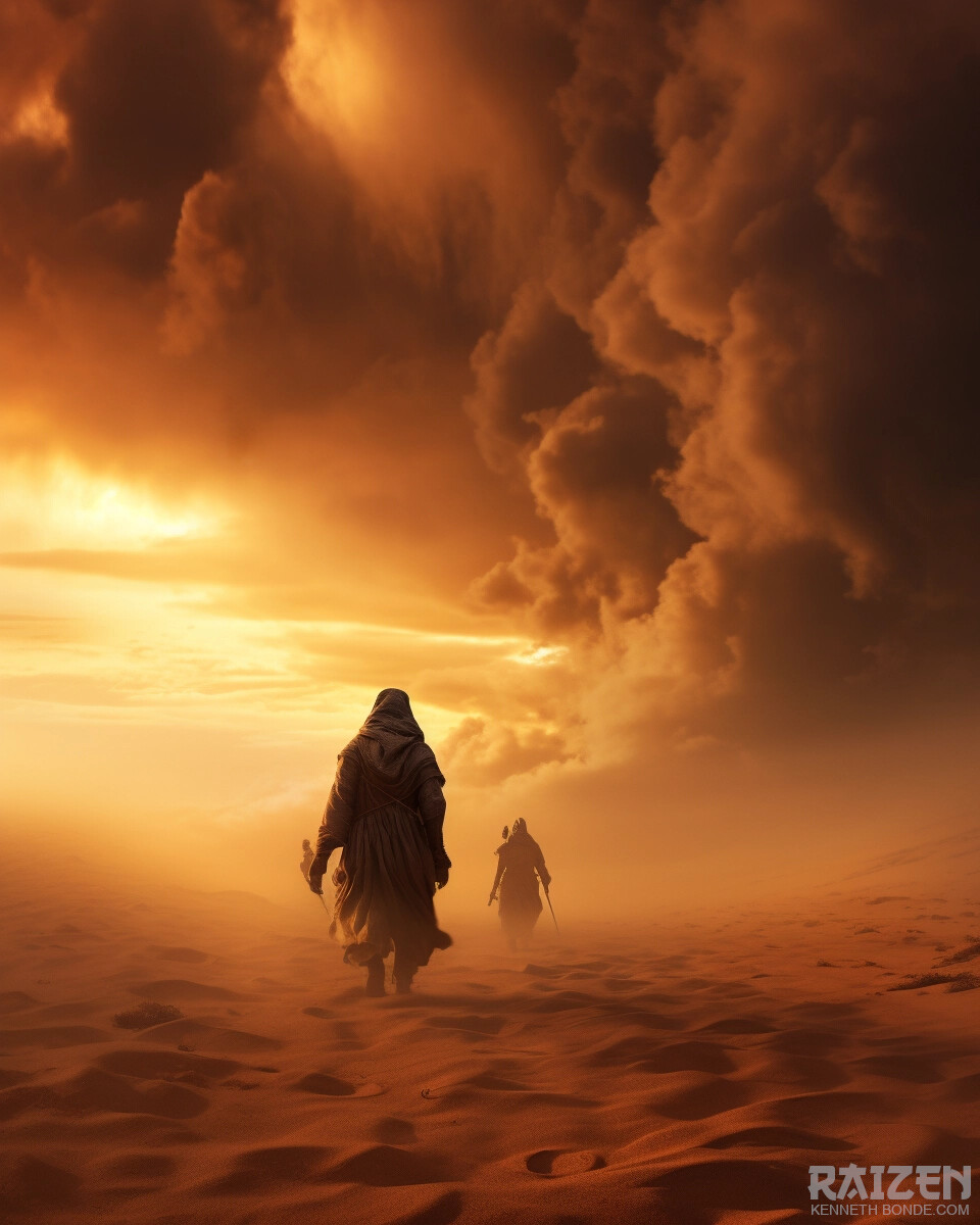 A lone figure walks beneath a towering desert storm cloud and burning horizon, creating a dramatic cinematic image about exposure, resilience, weather, silence and survival in a vast arid world. Environment concept art and environment design by Kenneth Bonde.